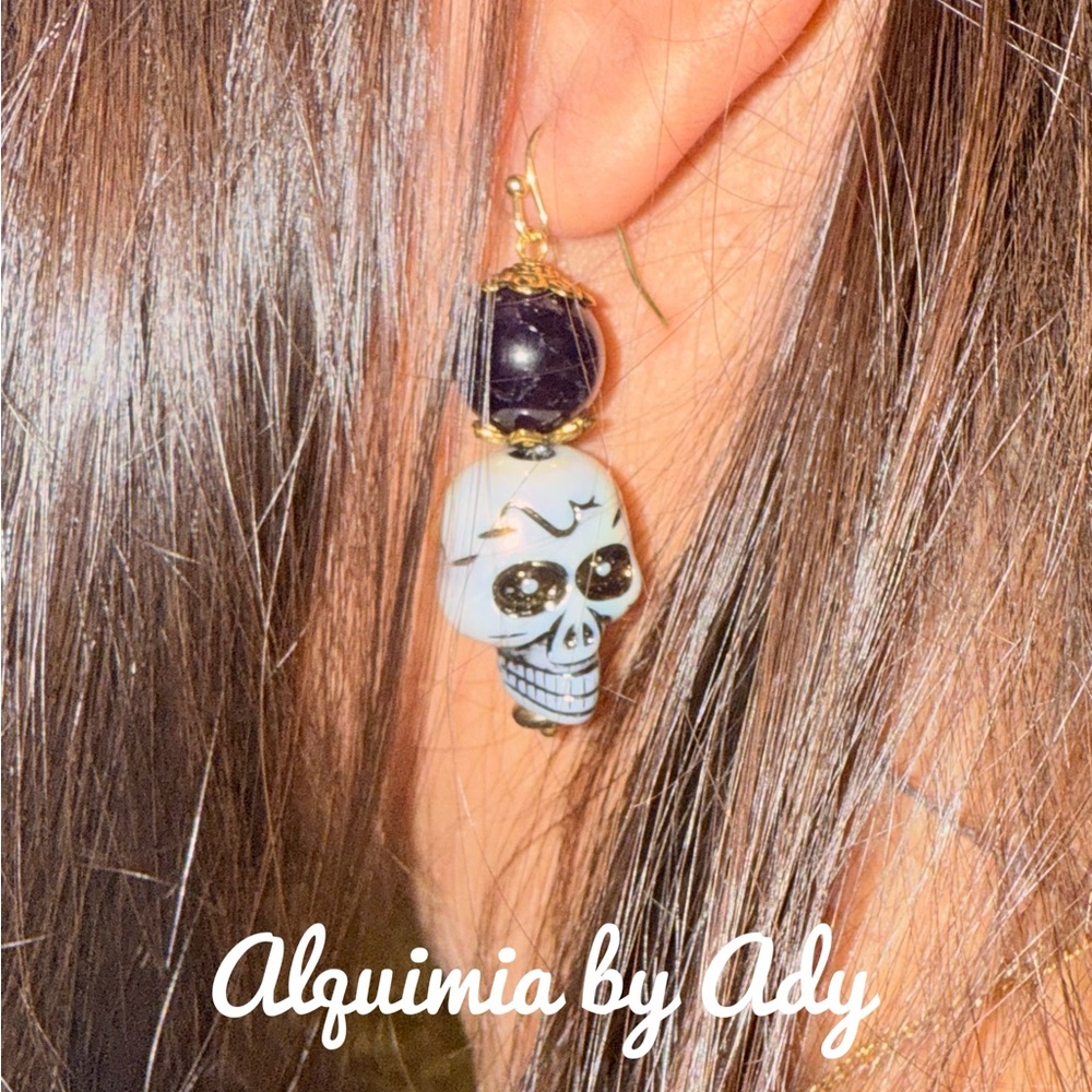 Ceramic skull and amethyst wimsigoth vintage earrings